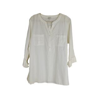 Talbots Top XL Off White Linen Blend Long Roll Tab Sleeves 1/2 Button Tunic NEW